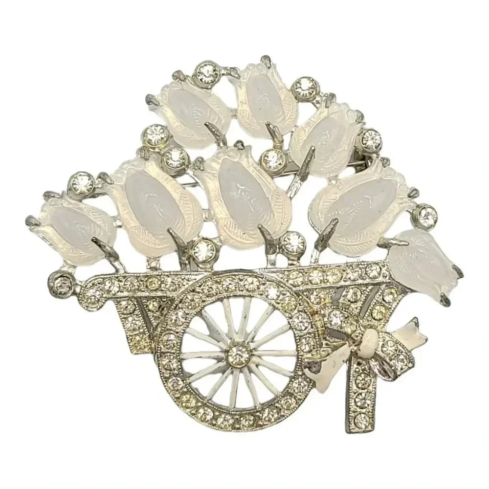 Pave White Enamel Moonstone Fruit Salad Flower Basket Cart Wheelbarrow Bow Pin